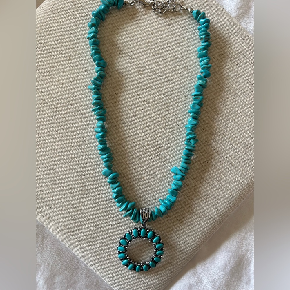 Turquoise colored beaded necklace, adjustable to 18.5”